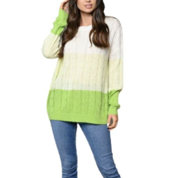Free As A Bird Cream Green Colorblock Long Sleeve Cable Knit Sweater NIB Size L - Picture 2 of 8